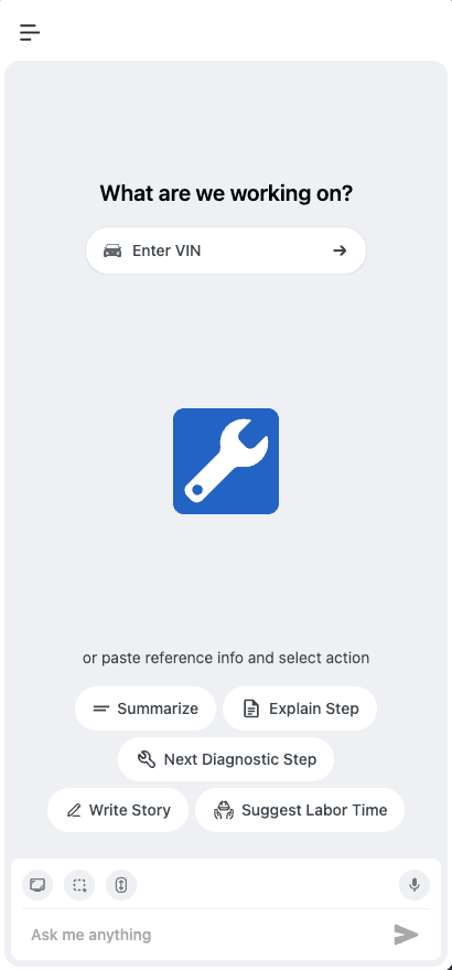 Tech AI-Copilot side panel showing quick diagnostic actions